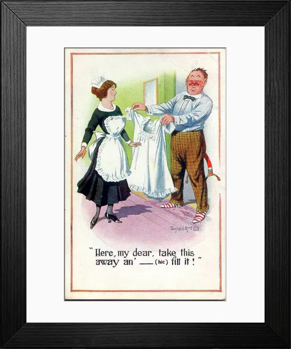 Framed Print : Comic postcard, Man gives order to maid Date: 20th century Framed Print : Comic postcard, Man gives order to maid Date: 20th century