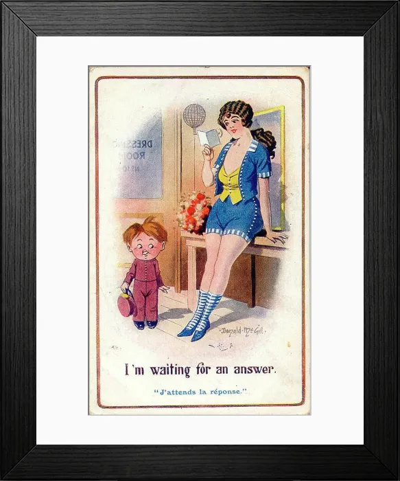 Framed Print : Comic postcard, Pretty woman and messenger boy in theatre dressing room. Date: early 20th century Framed Print : Comic postcard, Pretty woman and messenger boy in theatre dressing room. Date: early 20th century