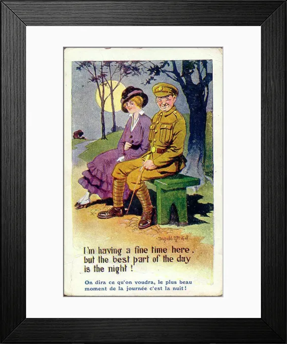 Framed Print : Comic postcard, Couple on a bench at night, woman and soldier. Date: 1914-1918 Framed Print : Comic postcard, Couple on a bench at night, woman and soldier. Date: 1914-1918