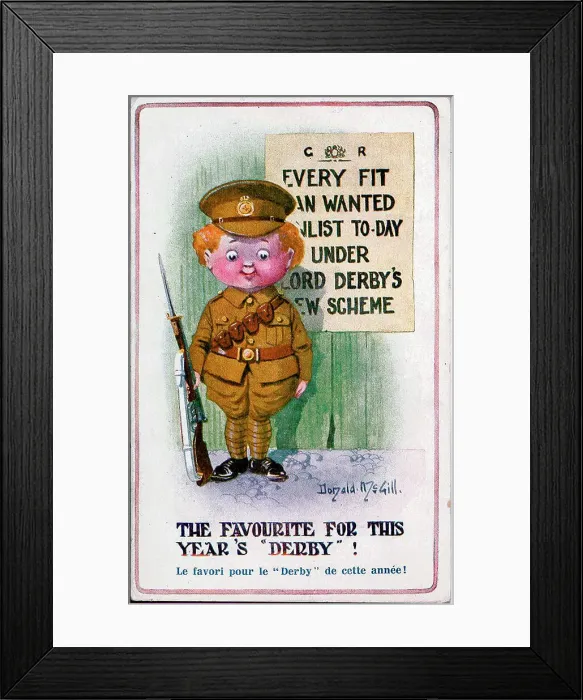 Framed Print : Comic patriotic postcard, wartime recruitment - under the Derby Scheme men could be signed up and ready for active service, to be called upon as and when required. Date: circa 1915 Framed Print : Comic patriotic postcard, wartime recruitment - under the Derby Scheme men could be signed up and ready for active service, to be called upon as and when required. Date: circa 1915