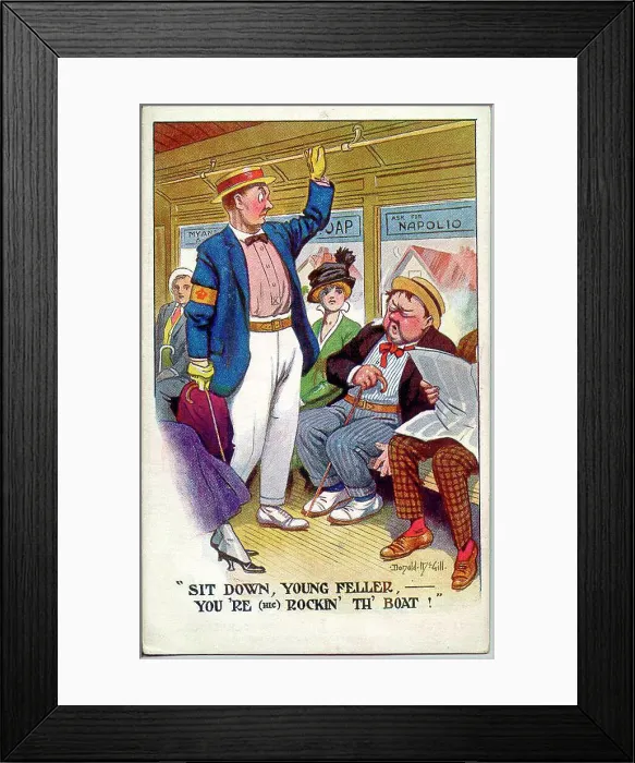 Framed Print : Comic postcard, passengers on an underground train - the man standing is wearing a Derby Scheme armband, showing that he is signed up and ready for active service, as and when required. Date: circa 1915 Framed Print : Comic postcard, passengers on an underground train - the man standing is wearing a Derby Scheme armband, showing that he is signed up and ready for active service, as and when required. Date: circa 1915