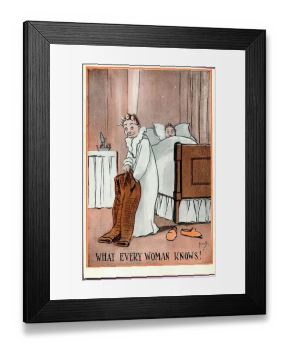 Framed Print : Comic postcard, Woman checking man's trouser pockets. Date: 20th century Framed Print : Comic postcard, Woman checking man's trouser pockets. Date: 20th century