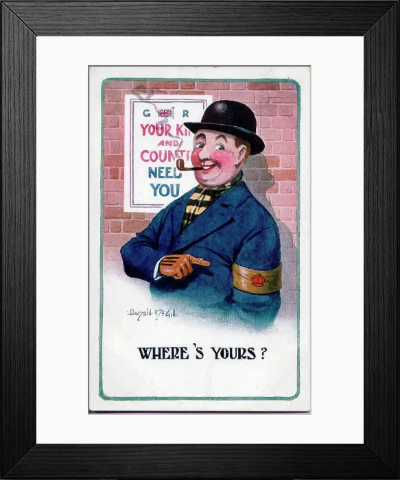 Framed Print : Comic patriotic postcard, wartime recruitment - man with Derby Scheme armband, showing that he is signed up and ready for active service, as and when required. Date: circa 1915 Framed Print : Comic patriotic postcard, wartime recruitment - man with Derby Scheme armband, showing that he is signed up and ready for active service, as and when required. Date: circa 1915