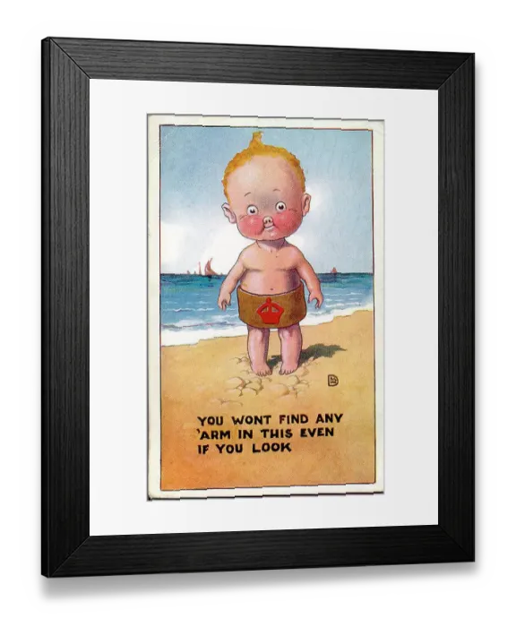Framed Print : Comic patriotic postcard, wartime recruitment - little boy wearing his armband at the seaside. Under the Derby Scheme men could be signed up and ready for active service, to be called upon as and when required. Date: circa 1915 Framed Print : Comic patriotic postcard, wartime recruitment - little boy wearing his armband at the seaside. Under the Derby Scheme men could be signed up and ready for active service, to be called upon as and when required. Date: circa 1915