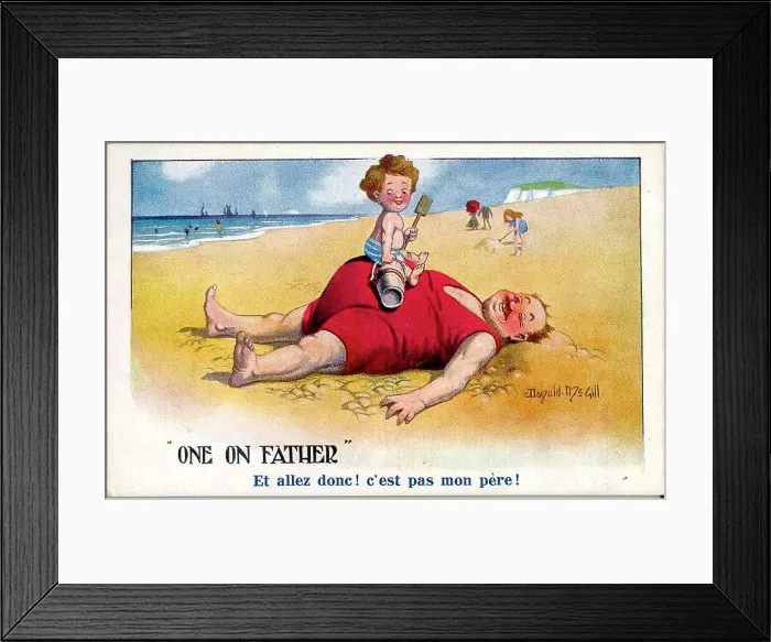 Framed Print : Comic postcard, Plump man and child on the beach Date: 20th century Framed Print : Comic postcard, Plump man and child on the beach Date: 20th century