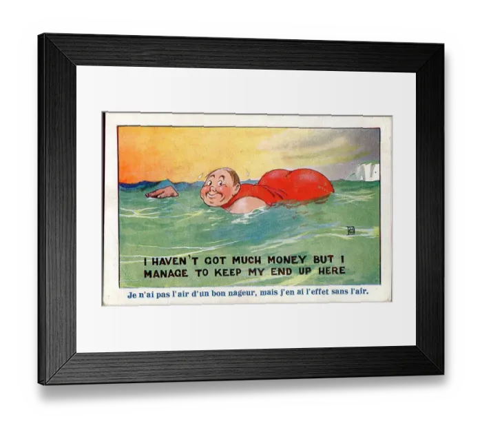 Framed Print : Comic postcard, Plump holidaymaker swimming in the sea. Date: 20th century Framed Print : Comic postcard, Plump holidaymaker swimming in the sea. Date: 20th century
