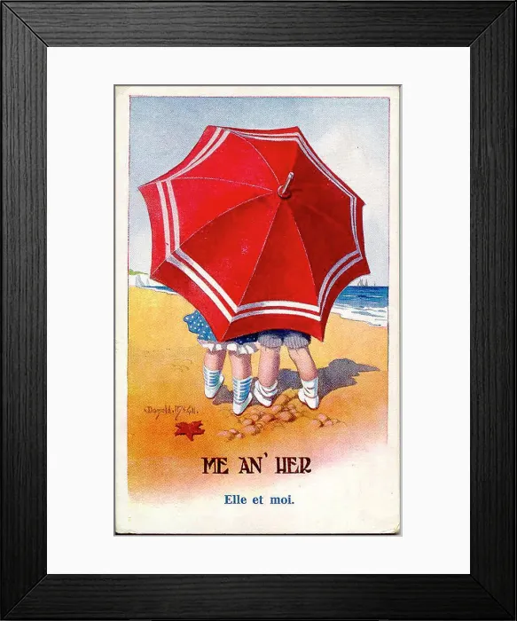 Framed Print : Comic postcard, Children with red parasol on the beach. Date: 20th century Framed Print : Comic postcard, Children with red parasol on the beach. Date: 20th century