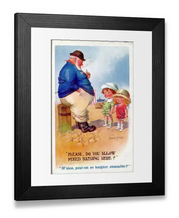 Framed Print : Comic postcard, Children and boatman on the beach Framed Print : Comic postcard, Children and boatman on the beach