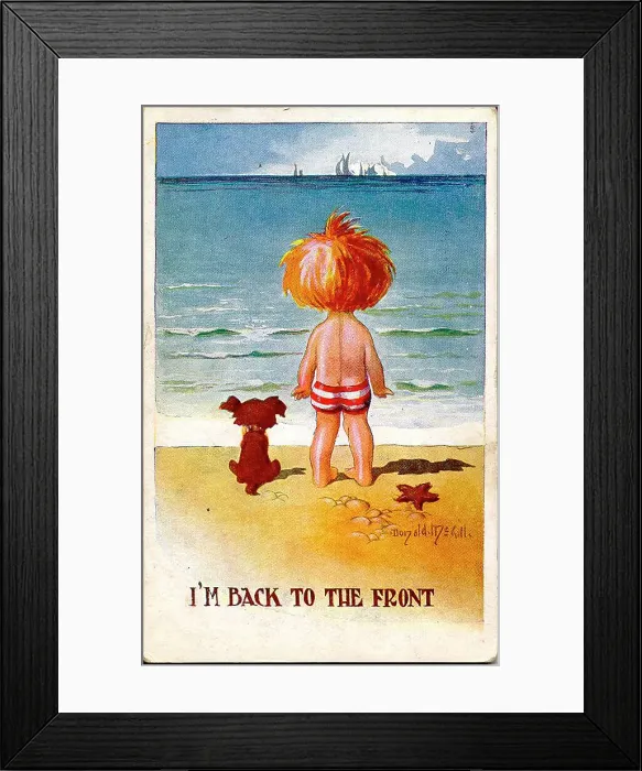 Framed Print : Comic postcard, Boy and dog on the beach, with ships on the horizon. Date: 1914-1918 Framed Print : Comic postcard, Boy and dog on the beach, with ships on the horizon. Date: 1914-1918