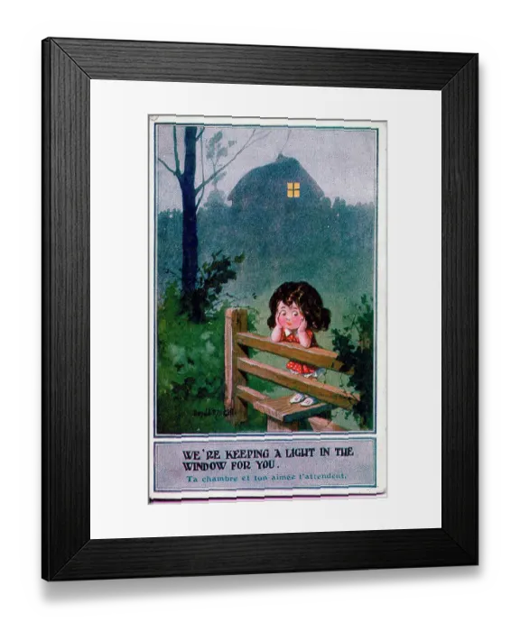 Framed Print : Postcard, Little girl dreaming of her soldier - We're keeping a light in the window for you. Date: 1914-1918