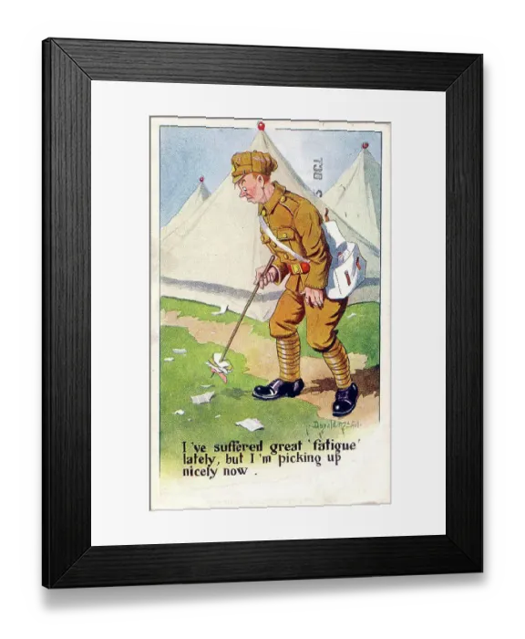 Framed Print : Comic postcard, Soldier in army camp, picking up nicely. Date: 1914-1918 Framed Print : Comic postcard, Soldier in army camp, picking up nicely. Date: 1914-1918