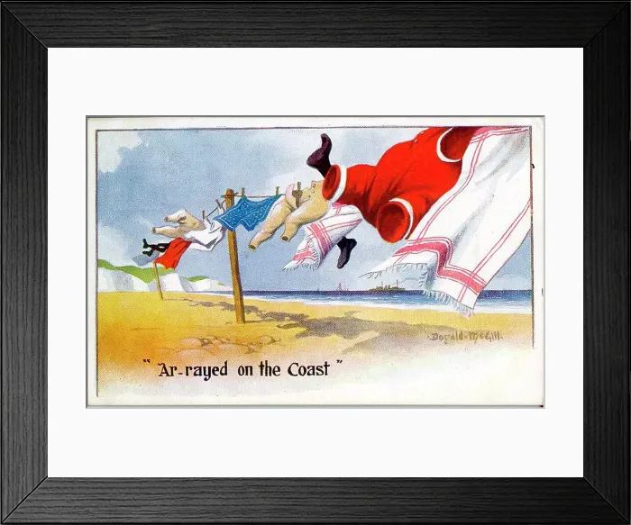 Framed Print : Comic postcard, Washing line on the beach, with a distant battleship. Date: 1914-1918 Framed Print : Comic postcard, Washing line on the beach, with a distant battleship. Date: 1914-1918