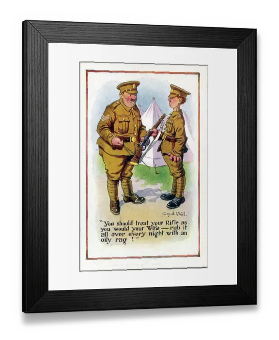 Framed Print : Comic postcard, Sergeant and soldier in army camp, WW1 Framed Print : Comic postcard, Sergeant and soldier in army camp, WW1