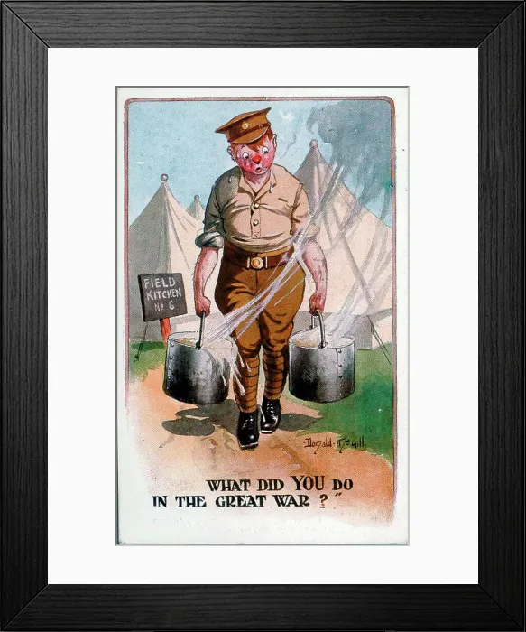 Framed Print : Comic postcard, Soldier in army camp, field kitchen work. Date: 1914-1918 Framed Print : Comic postcard, Soldier in army camp, field kitchen work. Date: 1914-1918