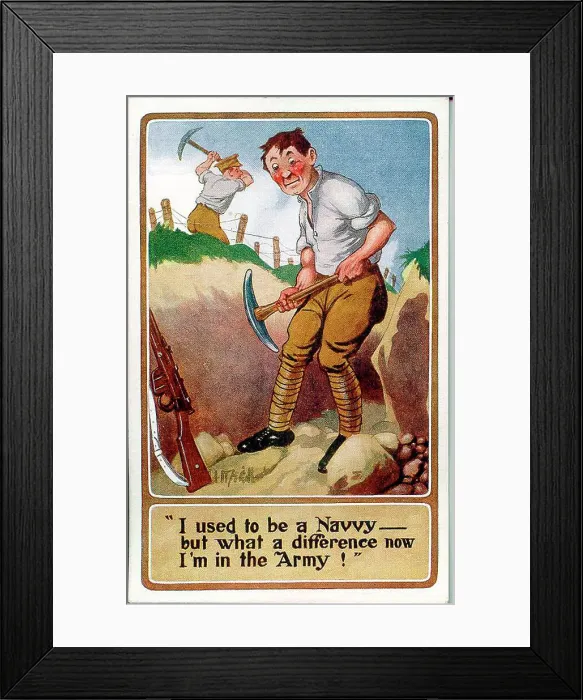 Framed Print : Comic postcard, Soldier digging a trench. Date: 1914-1918 Framed Print : Comic postcard, Soldier digging a trench. Date: 1914-1918