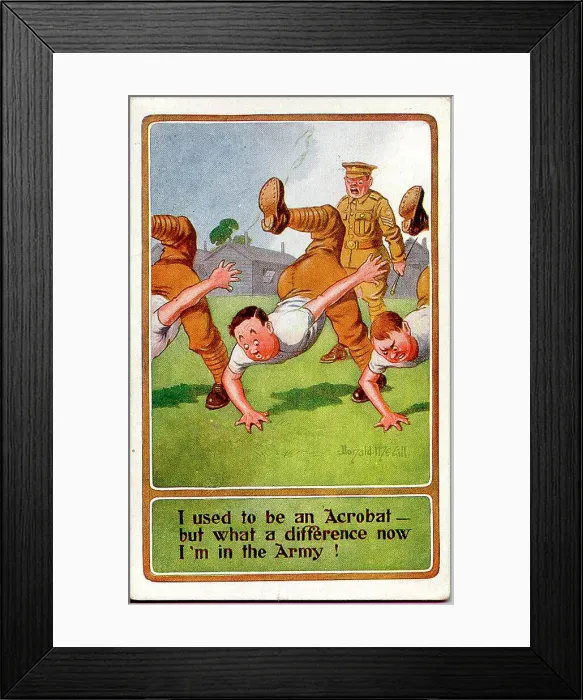Framed Print : Comic postcard, Soldiers exercising in army camp. Date: 1914-1918 Framed Print : Comic postcard, Soldiers exercising in army camp. Date: 1914-1918