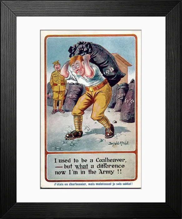 Framed Print : Comic postcard, Soldier in army camp, carrying coal. Date: 1914-1918 Framed Print : Comic postcard, Soldier in army camp, carrying coal. Date: 1914-1918