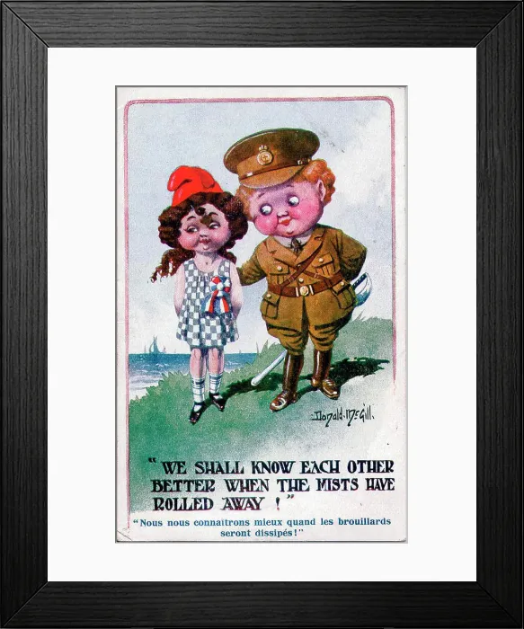 Framed Print : Romantic postcard, British boy soldier and French girl at the seaside. Date: 1914-1918 Framed Print : Romantic postcard, British boy soldier and French girl at the seaside. Date: 1914-1918