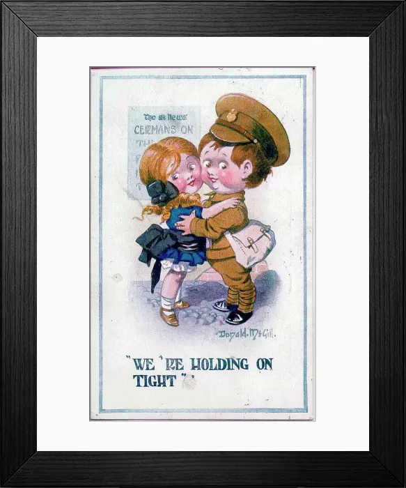 Framed Print : Comic postcard, Boy soldier and girlfriend hugging. Date: 1914-1918 Framed Print : Comic postcard, Boy soldier and girlfriend hugging. Date: 1914-1918