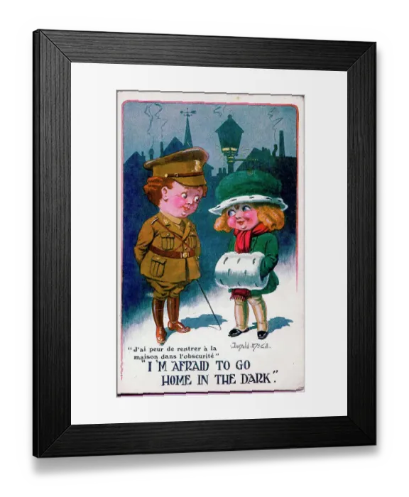 Framed Print : Comic postcard, Boy soldier and girlfriend in a dark street at night. Date: 1914-1918 Framed Print : Comic postcard, Boy soldier and girlfriend in a dark street at night. Date: 1914-1918