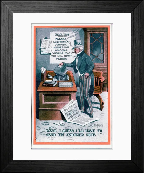 Framed Print : Postcard, Loss of American ships. Date: 1914-1918 Framed Print : Postcard, Loss of American ships. Date: 1914-1918