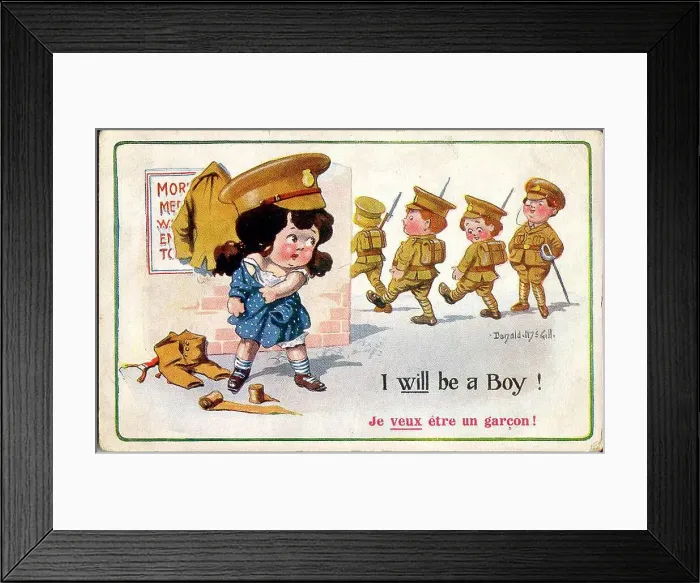 Framed Print : Comic postcard, Little girl wants to be a soldier. Date: 1914-1918 Framed Print : Comic postcard, Little girl wants to be a soldier. Date: 1914-1918