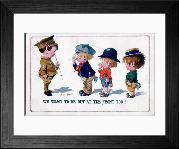 Framed Print : Comic postcard, Three little boys want to join the army. Date: 1914-1918 Framed Print : Comic postcard, Three little boys want to join the army. Date: 1914-1918