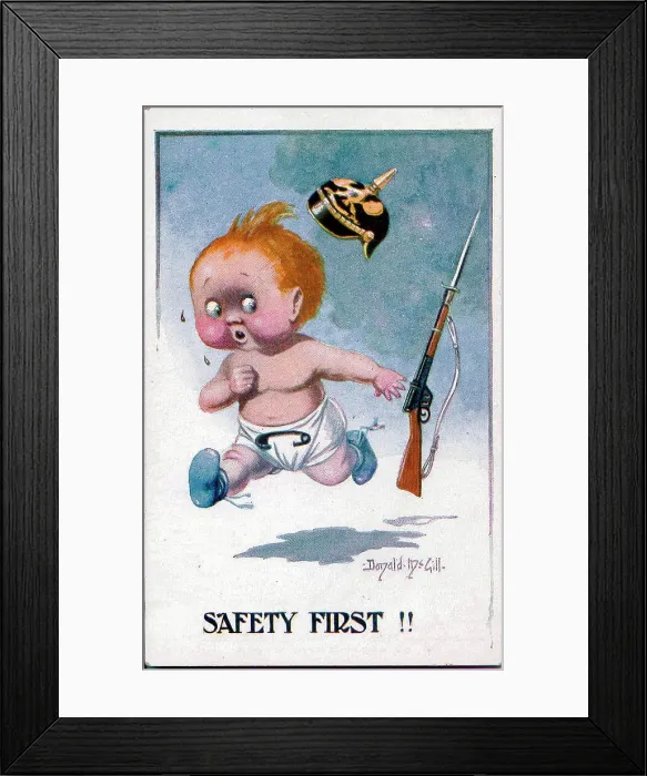 Framed Print : Comic postcard, Baby running away - Safety First!! Date: 1914-1918 Framed Print : Comic postcard, Baby running away - Safety First!! Date: 1914-1918