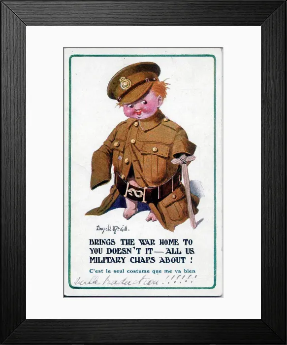 Framed Print : Comic postcard, British soldier boy swamped by large uniform. Date: 1914-1918 Framed Print : Comic postcard, British soldier boy swamped by large uniform. Date: 1914-1918