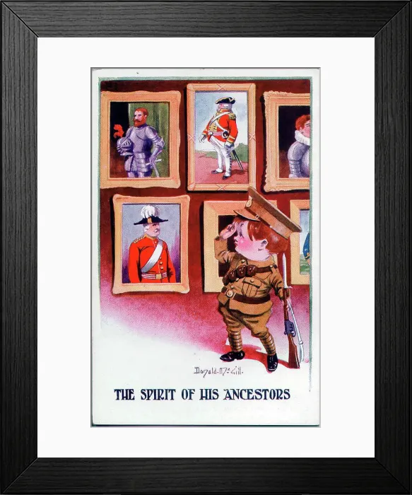 Framed Print : Comic postcard, British soldier boy saluting his ancestors. Date: 1914-1918 Framed Print : Comic postcard, British soldier boy saluting his ancestors. Date: 1914-1918