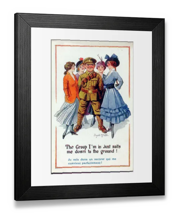 Framed Print : Comic postcard, British soldier surrounded by admiring women. Date: 1914-1918 Framed Print : Comic postcard, British soldier surrounded by admiring women. Date: 1914-1918
