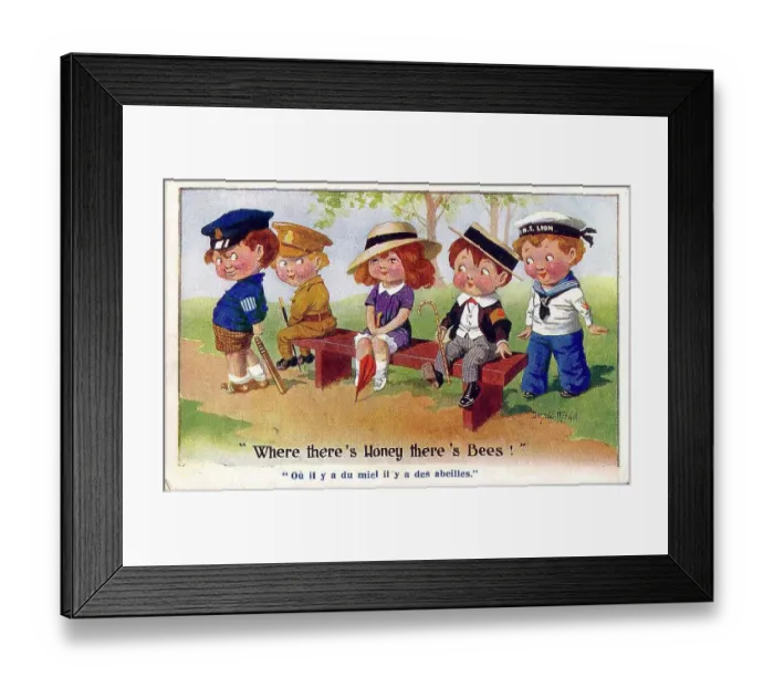 Framed Print : Comic patriotic postcard, little girl with four boys - police volunteer, soldier, sailor, and a boy wearing a Derby Scheme armband, showing that he is signed up and ready for active service, to be called upon as and when required. Date: circa 1915 Framed Print : Comic patriotic postcard, little girl with four boys - police volunteer, soldier, sailor, and a boy wearing a Derby Scheme armband, showing that he is signed up and ready for active service, to be called upon as and when required. Date: circa 1915