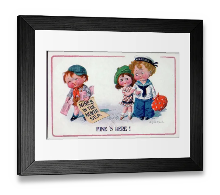 Framed Print : Comic postcard, Little girl with sailor boy and news vendor. Date: 1914-1918 Framed Print : Comic postcard, Little girl with sailor boy and news vendor. Date: 1914-1918