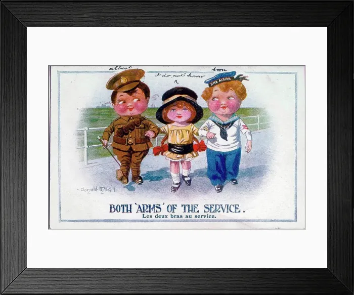 Framed Print : Comic patriotic postcard, Little girl with two boys, a soldier and a sailor. Date: 1914-1918 Framed Print : Comic patriotic postcard, Little girl with two boys, a soldier and a sailor. Date: 1914-1918