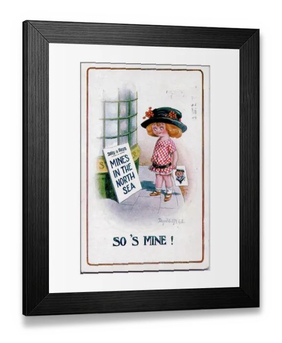 Framed Print : Comic postcard, Little girl reads news headlines. Date: 1914-1918 Framed Print : Comic postcard, Little girl reads news headlines. Date: 1914-1918