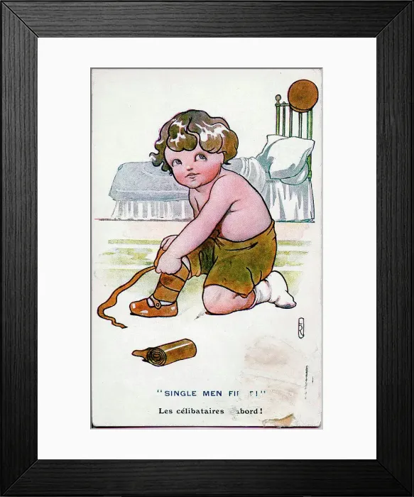 Framed Print : Patriotic postcard, Little boy puts on uniform - single men first! Date: 1914-1918 Framed Print : Patriotic postcard, Little boy puts on uniform - single men first! Date: 1914-1918
