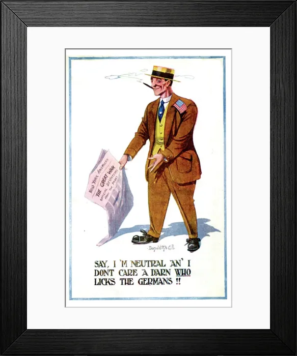 Framed Print : Comic postcard, Neutral American with newspaper. Date: 1914-1918 Framed Print : Comic postcard, Neutral American with newspaper. Date: 1914-1918