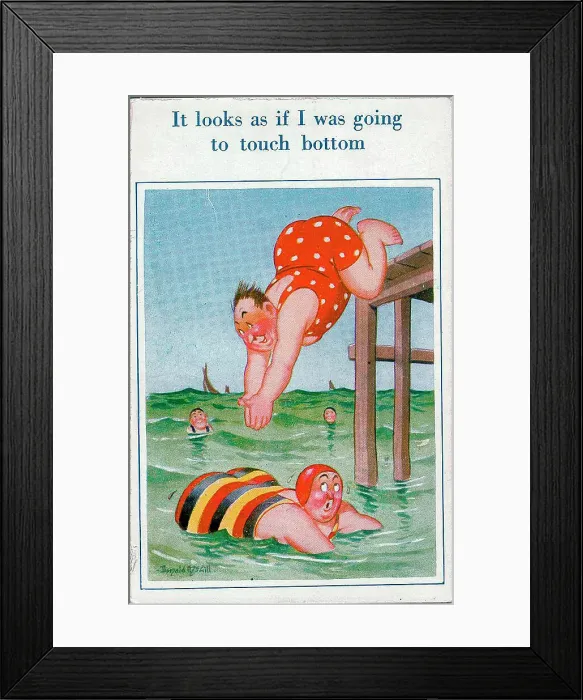 Framed Print : Comic postcard, Man diving into the sea near plump woman. Date: 20th century Framed Print : Comic postcard, Man diving into the sea near plump woman. Date: 20th century