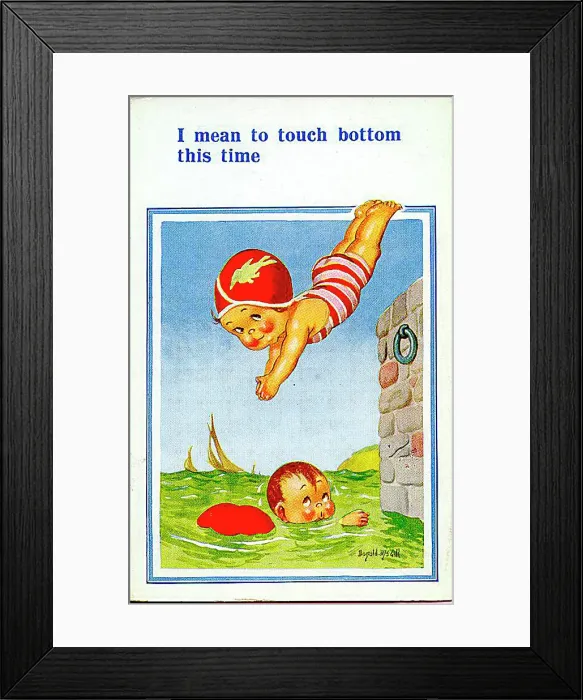: Comic postcard, Little girl diving into the sea near boy. Date: 20th century : Comic postcard, Little girl diving into the sea near boy. Date: 20th century