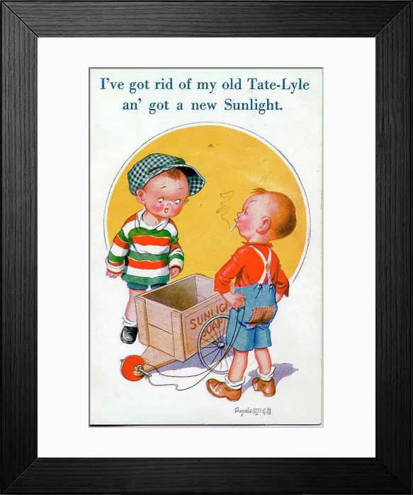 Framed Print : Comic postcard, Two boys with go-kart made from Sunlight Soap crate. Date: 20th century Framed Print : Comic postcard, Two boys with go-kart made from Sunlight Soap crate. Date: 20th century