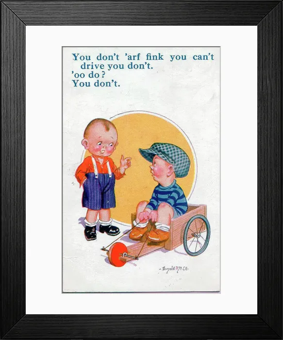 Framed Print : Comic postcard, Two boys with go-kart Date: 20th century Framed Print : Comic postcard, Two boys with go-kart Date: 20th century