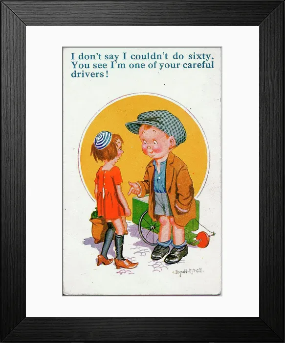 Framed Print : Comic postcard, Boy and girl with go-kart Date: 20th century Framed Print : Comic postcard, Boy and girl with go-kart Date: 20th century