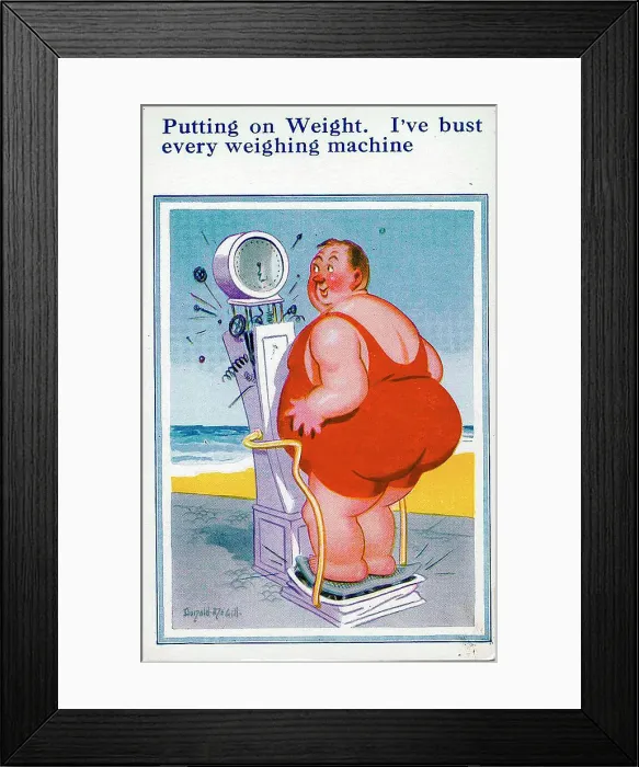 Framed Print : Comic postcard, Plump man weighing himself at the seaside Date: 20th century Framed Print : Comic postcard, Plump man weighing himself at the seaside Date: 20th century
