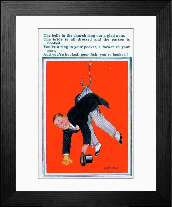 Framed Print : Comic postcard, Bridegroom hanging on a hook Date: 20th century Framed Print : Comic postcard, Bridegroom hanging on a hook Date: 20th century