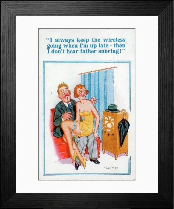 Framed Print : Comic postcard, Courting couple with radio playing Date: 20th century Framed Print : Comic postcard, Courting couple with radio playing Date: 20th century