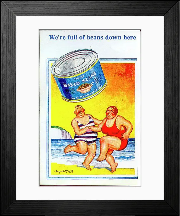 : Comic postcard, Plump couple dancing at the seaside - full of beans! Date: 20th century : Comic postcard, Plump couple dancing at the seaside - full of beans! Date: 20th century