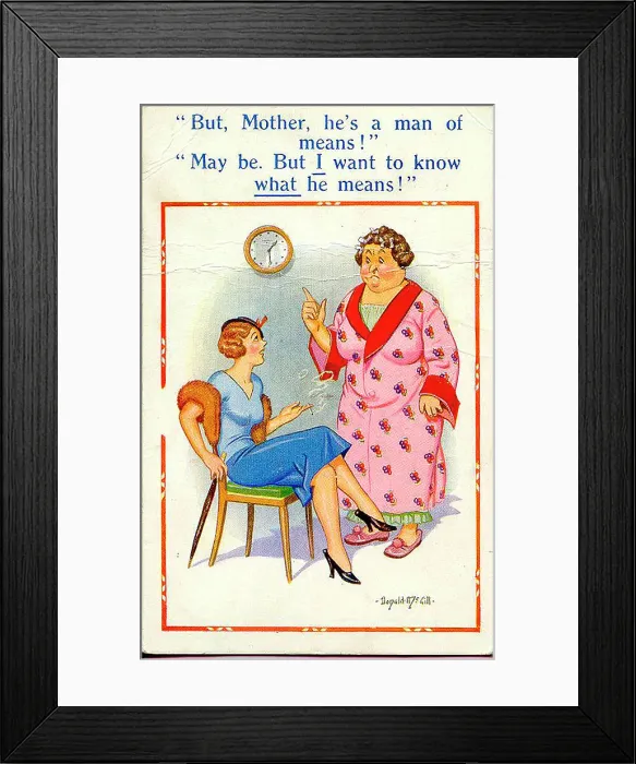 Framed Print : Comic postcard, Mother and daughter discussion about a man Date: 20th century Framed Print : Comic postcard, Mother and daughter discussion about a man Date: 20th century