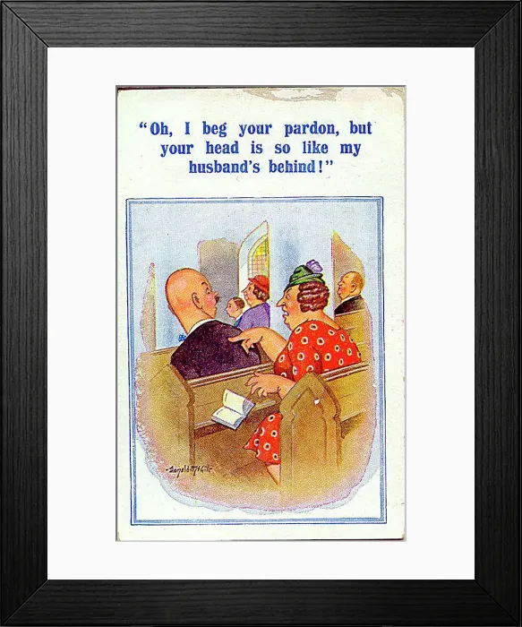 : Comic postcard, bald-headed man in church Date: 20th century : Comic postcard, bald-headed man in church Date: 20th century