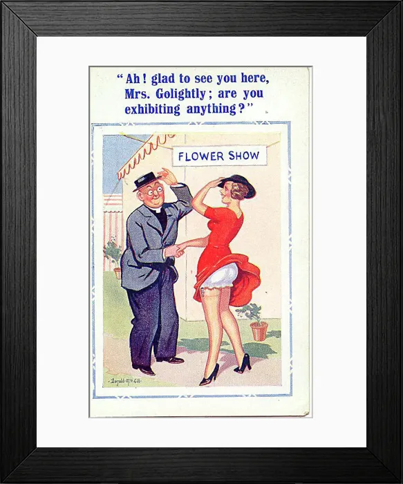 : Comic postcard, Pretty woman and vicar at flower show : Comic postcard, Pretty woman and vicar at flower show