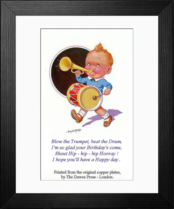 Framed Print : Comic postcard, Little boy with drum and trumpet, with birthday greeting. Date: 20th century Framed Print : Comic postcard, Little boy with drum and trumpet, with birthday greeting. Date: 20th century